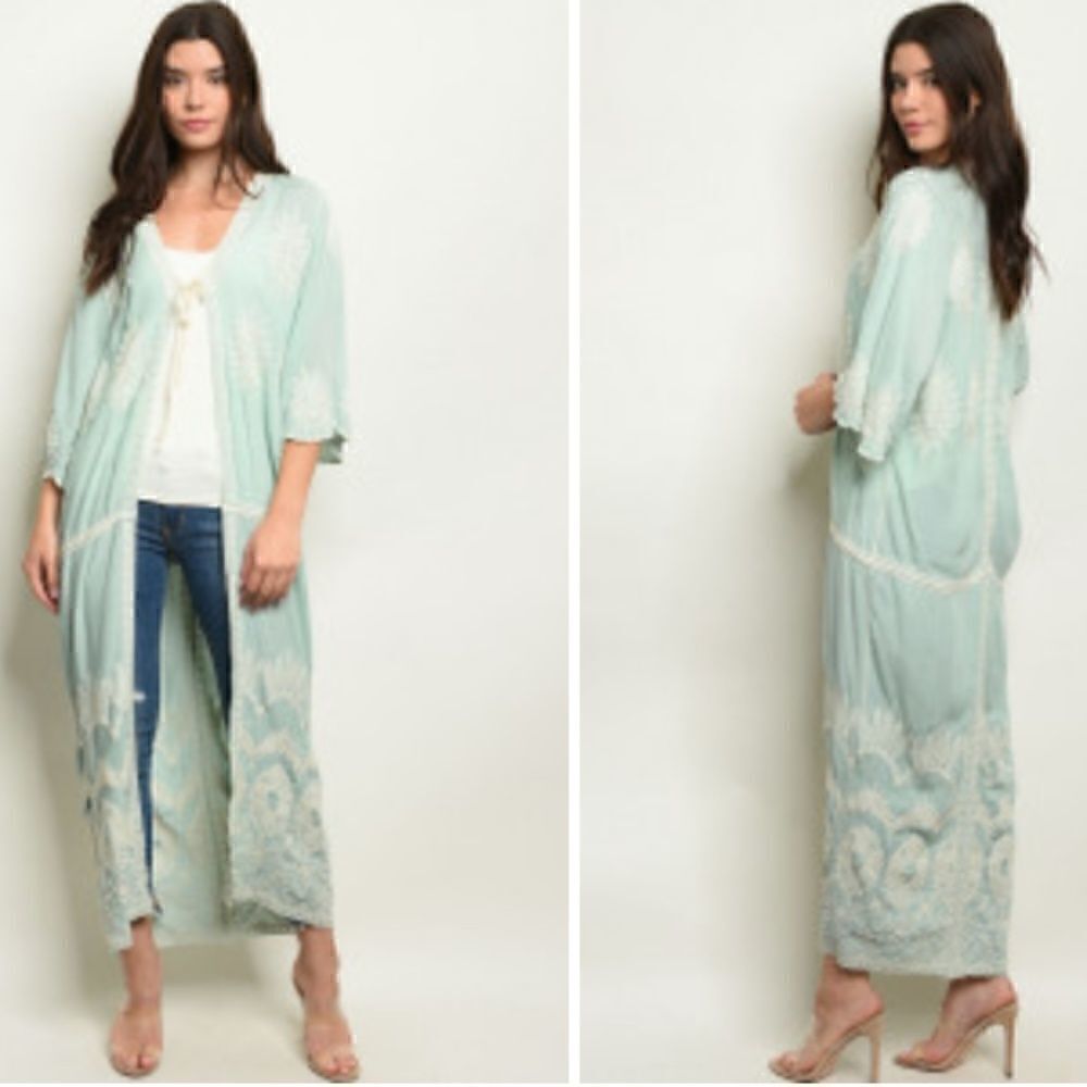 Long Sage kimono long sleeve tie front embroidery